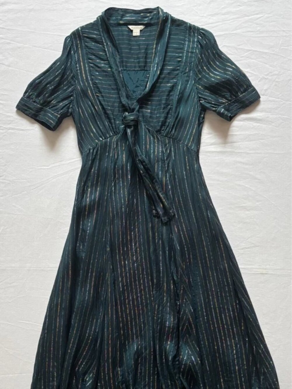 Monsoon Elodie Metallic Stripe Teal Green Handkerchief Midi Dress UK 10